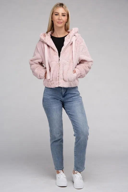 Plush Cropped Teddy Hoodie with Zip-Up Front and Drawstring Hood