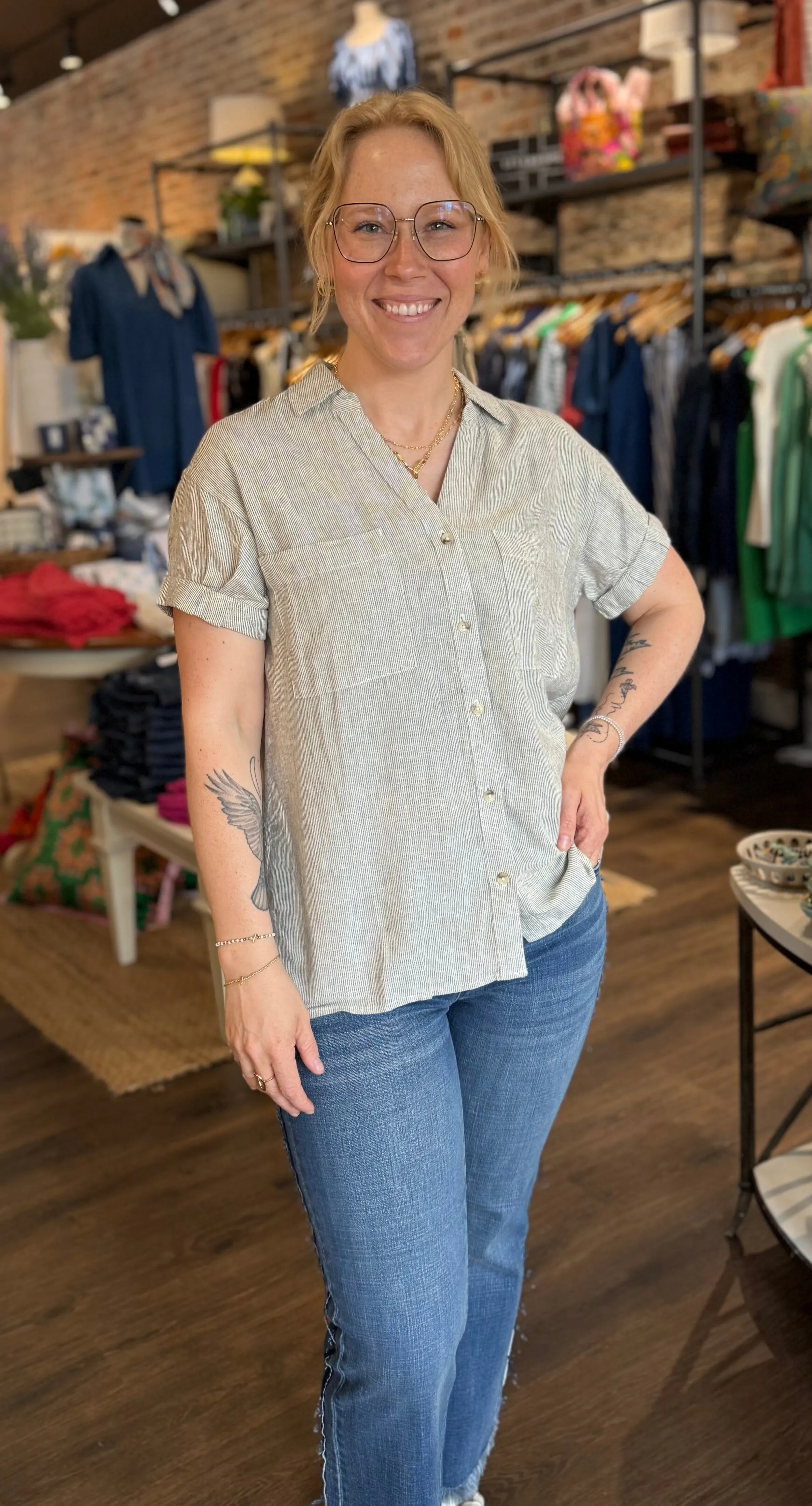 Sydney Button Up- Micro Olive Stripe